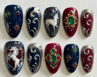 Royal Unicorn Press On Nails | Medieval Tapestry Vibe | Dark Gothic Almond Nails | Gemstone Star Motif Nail | Silver Chrome 3D Art Nail