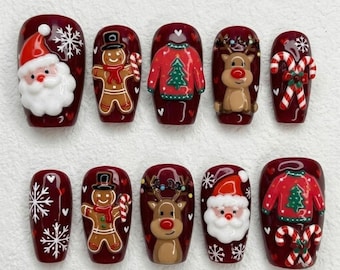 Christmas Press On Nails | Festive Holiday Design | Cute Square Shape | Santa & Reindeer Nail | Handpainted 3D Art Nail