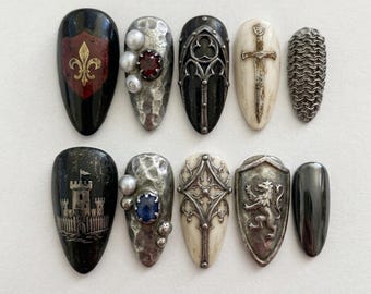 Medieval Knight Armor Press On Nails | Dark Fantasy Castle Vibe | Vintage Gothic Almond Nails | Sword & Shield Nail | 3D Sculpted Art Nail