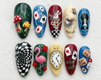 Alice Story Press On Nails | Magic Rabbit Hole | Quirky Stiletto | Checkerboard Nail | Hand Painted Nail
