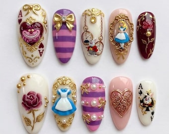 Handmade Wonderland Press On Nails | 3D Alice Cheshire Cat White Rabbit Art | Long Almond Gold Pink Fantasy Fake Nails