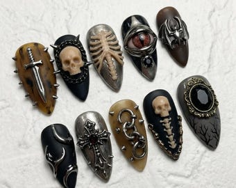 Gothic Skull Press On Nails | Dark Fantasy Stiletto | 3D Eye, Bat & Bone Nail Art | Cross, Chain,  Sword | Handmade Gothic Nails