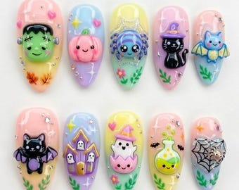 Cute Monster Press On Nails | Pastel Kawaii Trick Or Treat | Sweet Girly Almond Nail | Bat Cat Mini Daisy Nail | 3D Sculpted Gel Art Nail