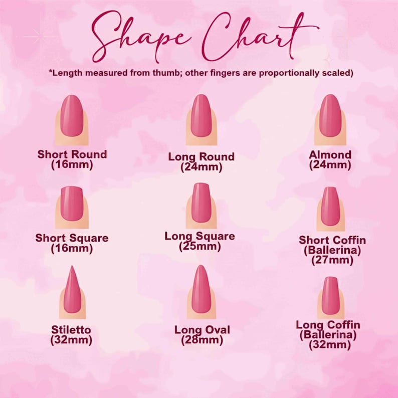 May include: A pink nail shape chart with nine different nail shapes, including Short Round (16mm), Long Round (24mm), Almond (24mm), Short Square (16mm), Long Square (25mm), Short Coffin (27mm), Stiletto (32mm), Long Oval (28mm), and Long Coffin (32mm).