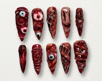 Gory Halloween Press On Nails, 3D Eyeball Flesh Stiletto Fake Nails, Bloody Wound Stitch Gel Nails, Creepy Horror Nails