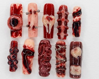 Gore Vampire Press On Nails | Spooky Macabre Aesthetics | Dark Y2K Long Coffin | Blood Dripping Teeth Nail | Edgy 3D Goth Art Nail