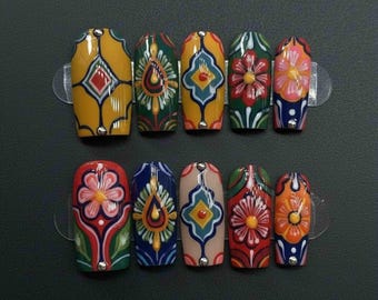 Handmade Boho Vintage Press On Nails | Tribal Patterns, Floral Art & Colorful Accents | Medium Square Nails For Artistic Vibrant Vibes
