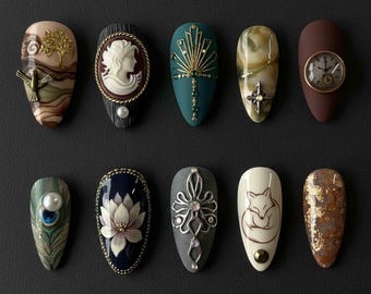 Handmade Vintage Steampunk Press On Nails | 3D Cameo, Clock, Fox & Pearl Accent Art | Almond Nails For Elegant Retro Gothic Vibe