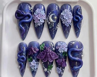 Mystical Snake Press On Nails | Gothic Fairycore Aesthetic | Trendy Stiletto Nails | 3D Moth Mini Daisy Nail | Sculpted Hand Painted Nail