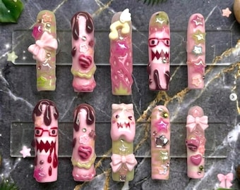 Kawaii Pink Monster Press On Nails | Y2K Harajuku Long Square Nails | 3D Bow & Choco Drip Nails | Handmade Fake Nails | Creepy Cute Nails