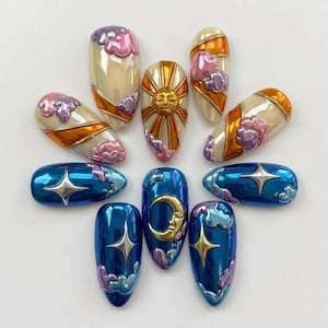 Celestial Day Night Press On Nails | Dreamy Chrome Almond Nails | Sun, Moon, Cloud & Star Statement Nails | Y2K Fantasy Nails