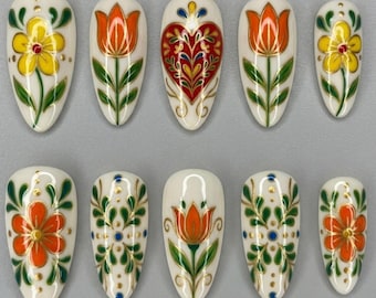 Scandinavian Folk Press On Nails | Elegant Almond Nails | Tulip, Heart & Hand Painted Floral Nail Art | Glossy Spring Nails