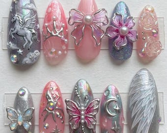 Unicorn Fantasy Press On Nails | Fairycore Pink Chrome Nail Art | Long Almond Shape | 3D Butterfly Bow & Moon | Handmade Dreamy Nails