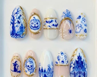 Blue Porcelain Halloween Press On Nails | Antique Delftware Vibe | Elegant Almond Shape | Haunted House Bat Nail | 3D Gold Frame Nail Art