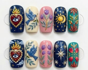 Mexican Folk Art Press On Nails | Sacred Heart, Dove & Celestial Sun Moon Nails | Hand Painted Floral Fake Nails