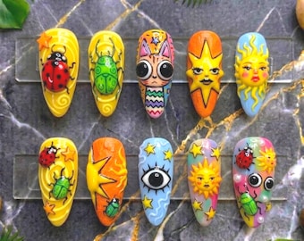 Celestial Bugs Press On Nails | Indie Maximalist Almond Nail | Sun Cat Eye Pattern Nail | 3D Hand Painted Gel Nail | Eclectic Funky Nail