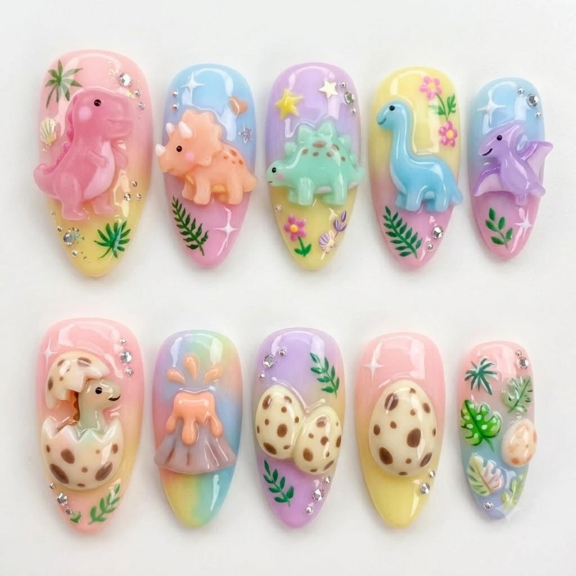 3D Kawaii Baby Dinosaur Press On Nails | Sweet Pastel Almond Nails | Colorful Ombre Rhinestone Nails | 3D Sculpted Acrylic Charm Nails