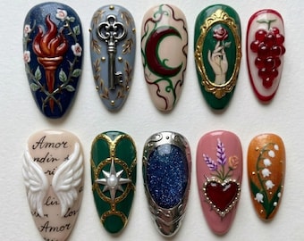 Enchanted Fantasy Press On Nails | Gothic Romance Nail Art | Vintage Key & Moon | Gold Frame Rose | 3D Heart, Angel Wings | Handmade Nails