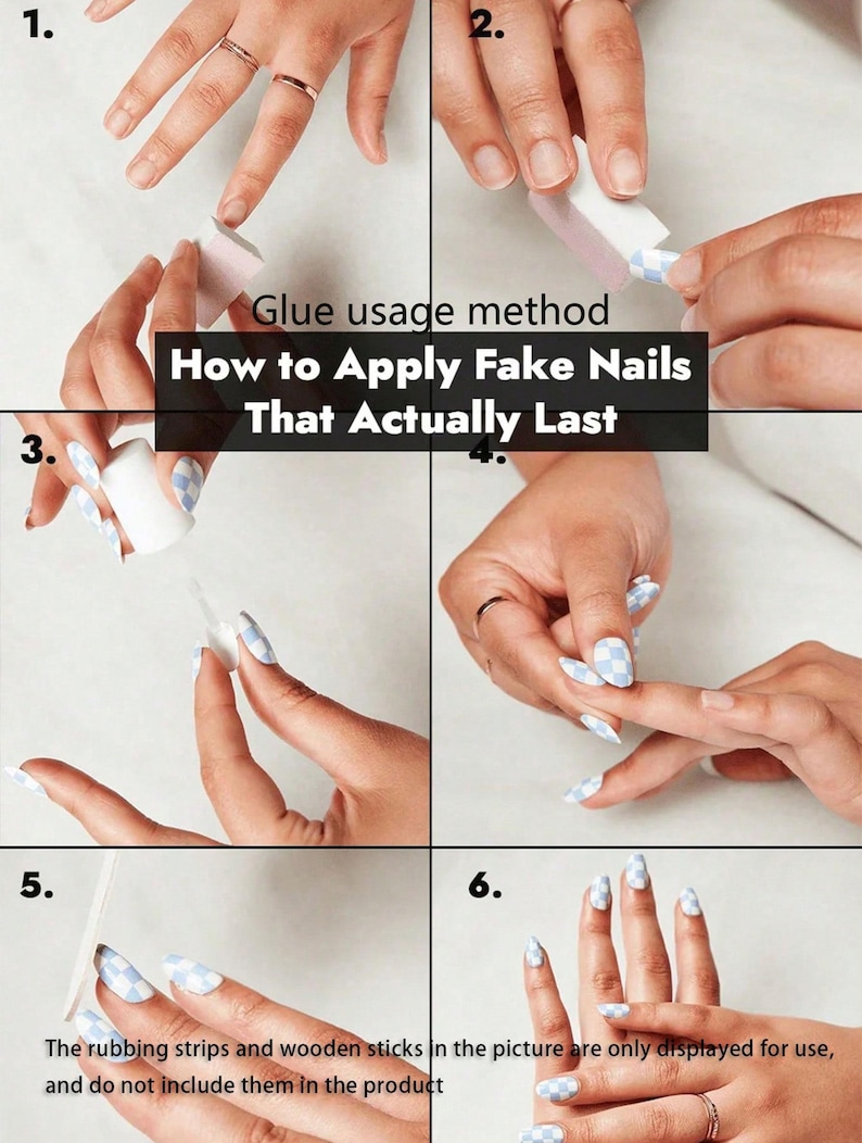 May include: A step-by-step guide on how to apply fake nails. The guide shows the process, from preparing the nails to the finished look. The nails are light blue with a checkered pattern. The text reads: "How to Apply Fake Nails That Actually Last."