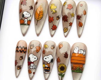 Snoopy Fall Press On Nails | Cute Autumn Peanuts Vibe | Sparkling Stiletto Nails | Mini Daisy Fall Leaves Nail | Hand Painted Snoopy Nail
