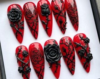 Gothic Black Rose Press On Nails | Dark Romance Long Stiletto | 3D Floral Thorns Nails | Hand Sculpted Gel Nails | Edgy Goth Girl Nails