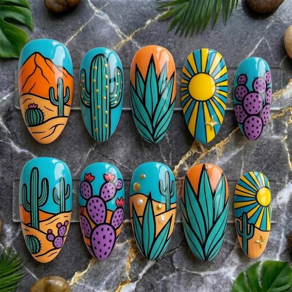Uñas postizas con diseño de azulejos de Talavera | Uñas largas cuadradas estilo boho folk | Uñas con estampado floral de pájaros | Uñas con detalles de pedrería | Uñas vibrantes para el verano