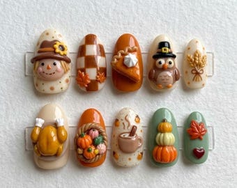 Thanksgiving Press On Nails | Cozy Fall Harvest Nail Art | 3D Scarecrow & Turkey | Pumpkin Pie Owl Almond Nails | Handmade Nail Art