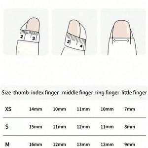 May include: A white size table graphic with nail measurement instructions. The table shows finger measurements in millimeters for XS, S, M, and L sizes. The text at the top reads "Size table".