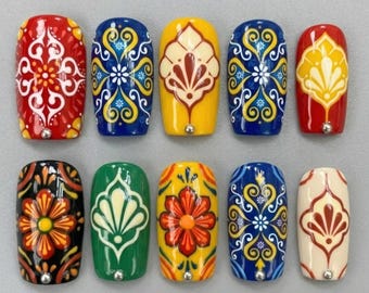 Talavera Tile Press On Nails | Boho Short Square Nails | Colorful Floral Folk Pattern Nail Art | Glossy Mediterranean Nails