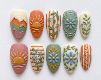 3D Retro Desert Press On Nails | Boho Sun, Mountain & Daisy Fake Nails | Sage Green Terracotta Floral Handmade Manicure