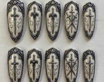 3D Silver Sword Press On Nails | Dark Medieval Fantasy Vibe | Edgy Gothic Stiletto | Ornate Cross Art Nail | 3D Chrome Armor Nail