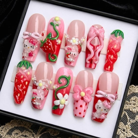 Handmade Sanrio Strawberry Press On Nails | 3D Hello Kitty, My Melody, Bows & Floral | Long Coffin Nails For Kawaii Coquette Aesthetic