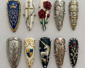 Medieval Knight Press On Nails, Gothic Shield & Sword Nails, Unicorn Rose Baroque Nail Art, Handmade Reusable False Nails