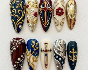 Gothic Cross Press On Nails, Medieval Cathedral Nails, Baroque Royal Nail Art, Handmade Reusable False Nails