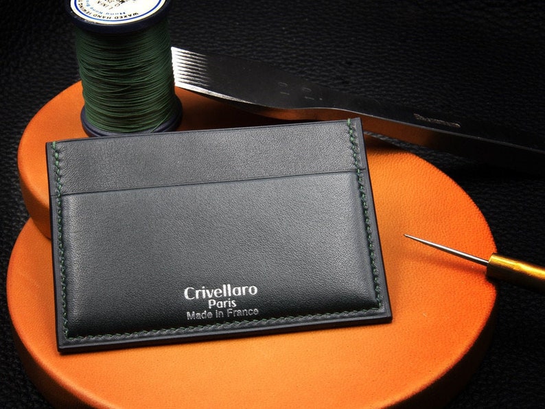 3 visa cards Slim card holder dark green veal genuine leather hand-stitched