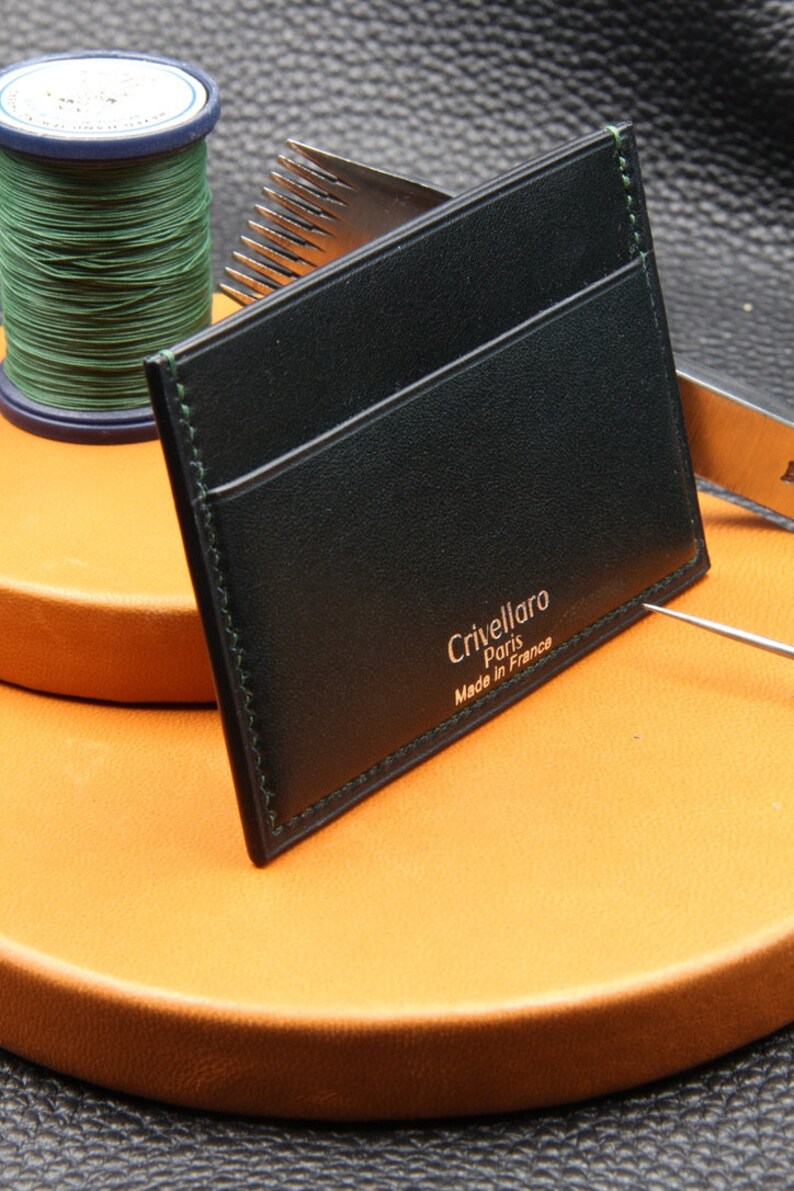3 visa cards Slim card holder dark green veal genuine leather hand-stitched