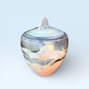 Può includere: Un vaso in ceramica con coperchio, caratterizzato da un design astratto unico. Il corpo del vaso mostra una miscela di colori, tra cui grigio, arancione e nero, con un coperchio azzurro. Il coperchio è sormontato da un motivo a spirale decorativo bianco sporco.