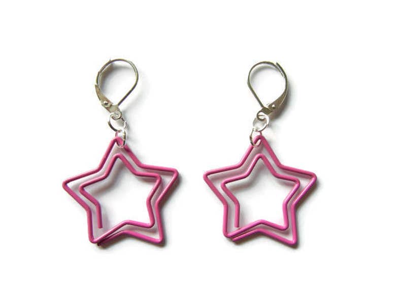 pink paper clips geeky earrings star paperclips punk earrings geeky gifts fun earrings paper clip earrings Pink star earrings