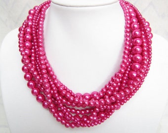 Hot Pink,Necklace For Women,Layered Necklace,Pearl Necklace,Bridesmaid Gifts,Bead Necklaces,Statement Necklace,Wedding Gift Ideas, Fashion