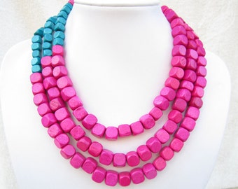 Multi strand ketting, Hot Pink, ketting voor vrouwen, blauwe halsketting, Parel Kettingen, verklaring ketting, bruidsmeisjes geschenken, de ideeën van de gift van de bruiloft, geschenken