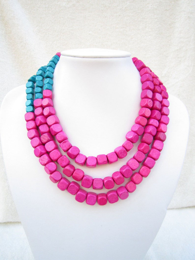 Multi Strand Necklace,Hot Pink,Necklace For Women,Blue Necklace,Bead Necklaces,Statement Necklace,Bridesmaids Gifts,Wedding Gift Ideas,Gifts image 1