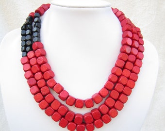 Layered Necklace,Red Necklace,Black Necklace,Bead Necklaces,Statement Necklace,Bib Necklace,Bridesmaid Gifts,Wedding Gift Ideas,Beach Party