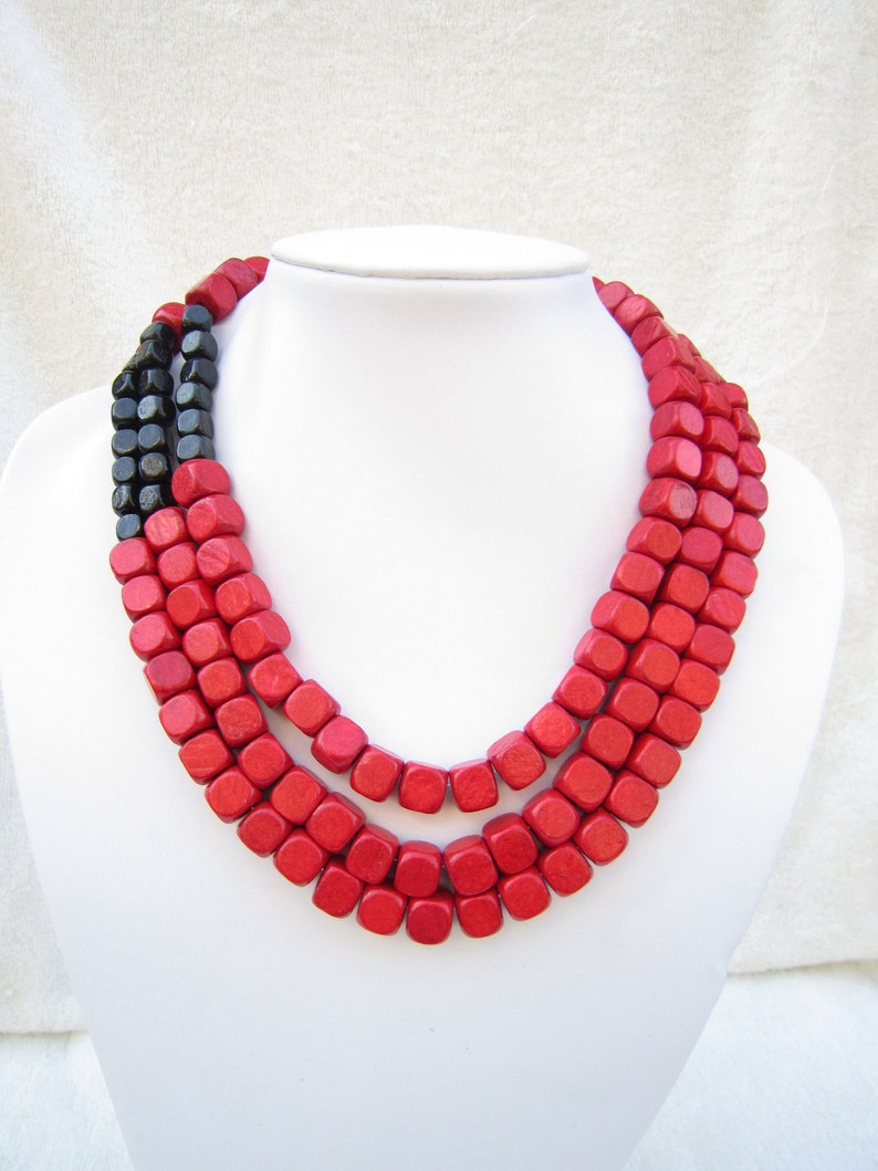 Layered Necklace,Red Necklace,Black Necklace,Bead Necklaces,Statement Necklace,Bib Necklace,Bridesmaid Gifts,Wedding Gift Ideas,Beach Party image 1