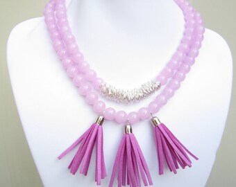 Violet Fringe Pendant Necklace,Light Pink necklace,beadwork necklace,layer necklace,choker necklace,fashion accessory,wedding,bridesmaid