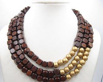 Brown Necklace,Multi Strand Necklace,Chunky Necklace,Golden Necklace,Bridesmaid Gifts,Wedding Gift idears,Statement Necklace For Women
