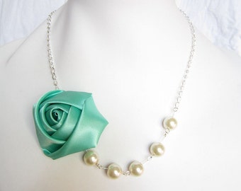 Silk Ribbon Fabric Rosette Flower Necklace,Color Turquoise Necklace,Pearl Necklace,Bridesmaid Necklace,Love Gift