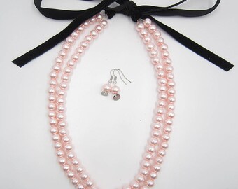 Rosa Halskette, Perlenkette, Statement Halskette, Brautjungfer Geschenke, Braut Schmuck Sets, Geschenk für sie, Hochzeit Perle Halskette mit Ohrringen