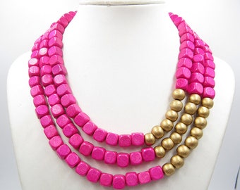 Hot Pink Necklace,Multi Strand Necklace,Chunky Necklace,Golden Necklace,Bridesmaid Gifts,Wedding Gift idears,Statement Necklace For Women