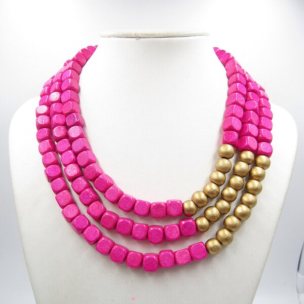 Hot Pink Necklace,Multi Strand Necklace,Chunky Necklace,Golden Necklace,Bridesmaid Gifts,Wedding Gift idears,Statement Necklace For Women