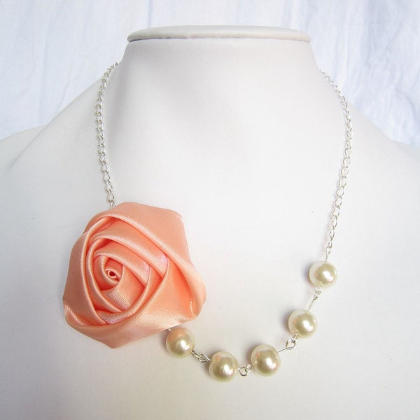 Silk Ribbon Fabric Rosette Flower Necklace,Color Coral Necklace,Pearl Necklace,Party Bridesmaid Necklace,Love Gift